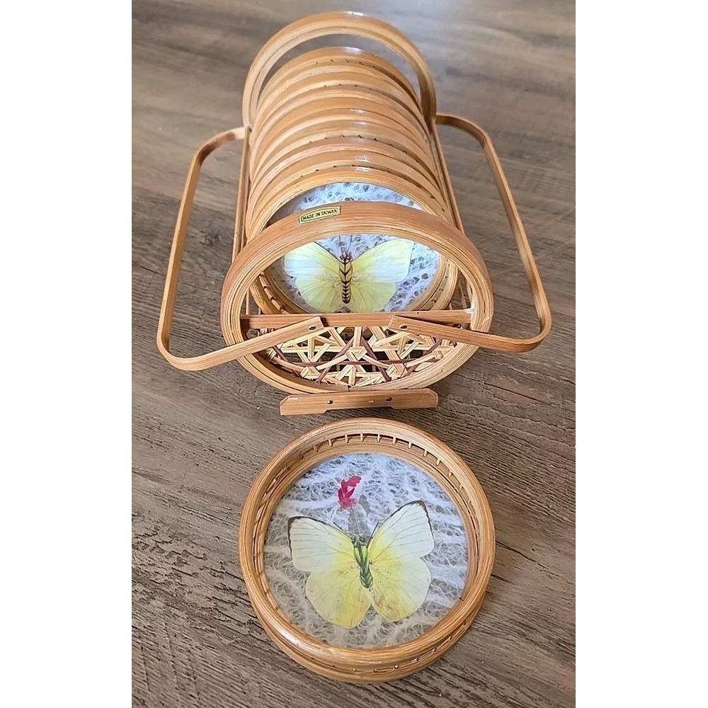 VTG Set Of 6 Bamboo Butterfly Floral Cased Coasters In Caddy Taiwan Matching